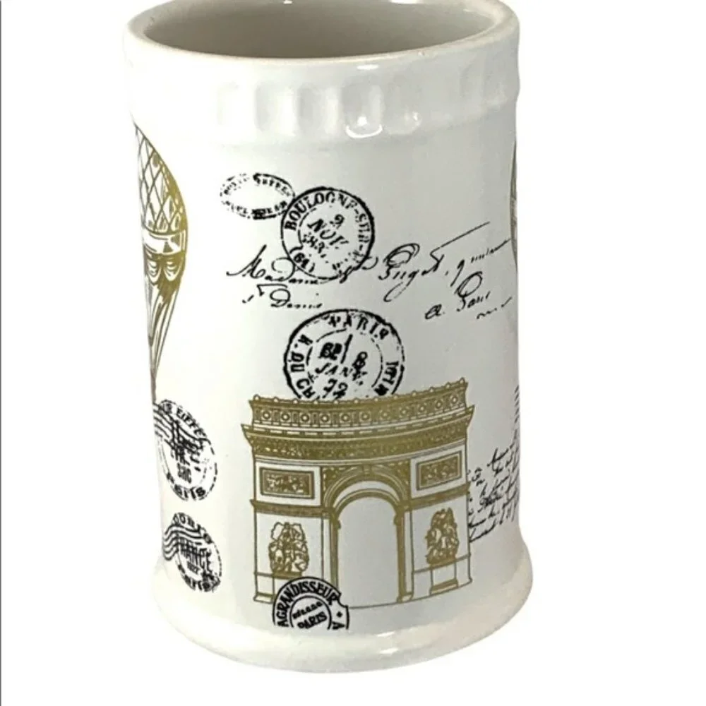 Paris Toothbrush Holder Arc de Triomphe Parisian French Ceramic Decor White Gold